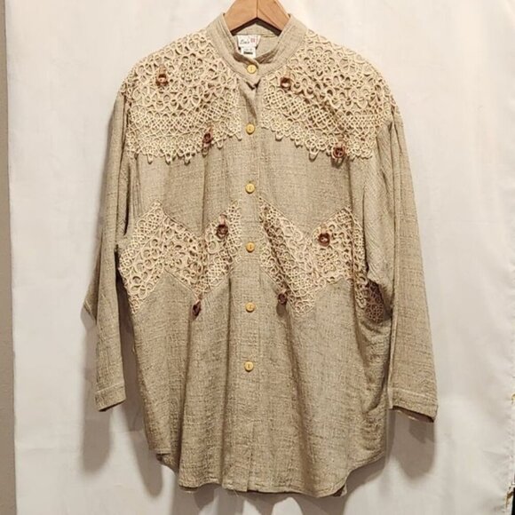 Vintage Lim's Women's OS Fits All Tan Blouse Crochet Lace Button Down Cotton USA - Picture 1 of 11